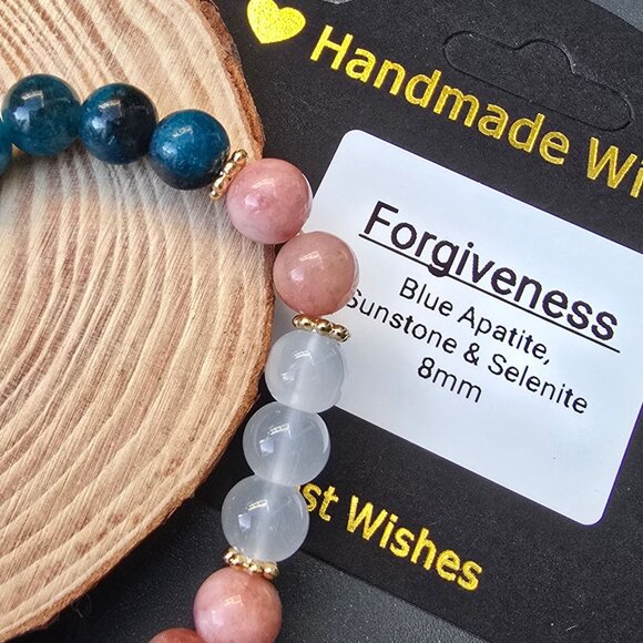 Handmade ✦ Forgiveness Bracelet ✦ Blue Apatite Sunstone Selenite 8mm Beads - Picture 2 of 9